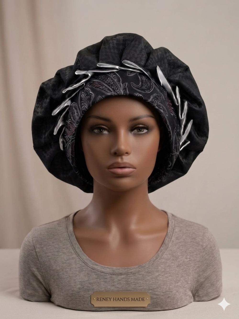 Black Satin Sleep Bonnet with Silver Accents